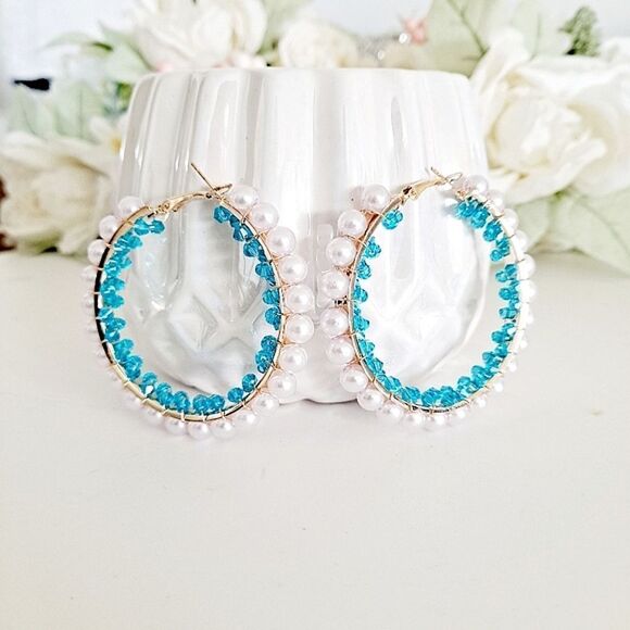 💖2/$30 Gold tone boho hoop pearl blue turquoise beaded coquette chunky earrings - Picture 1 of 17